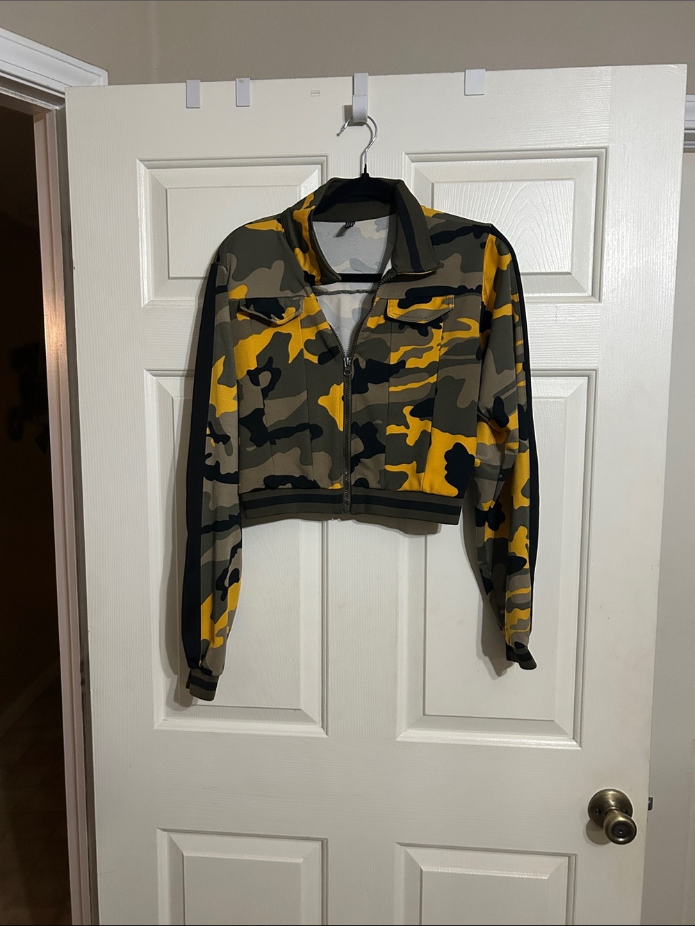 American Bazi Yellow & Olive Camo Cropped Bomber Jacket